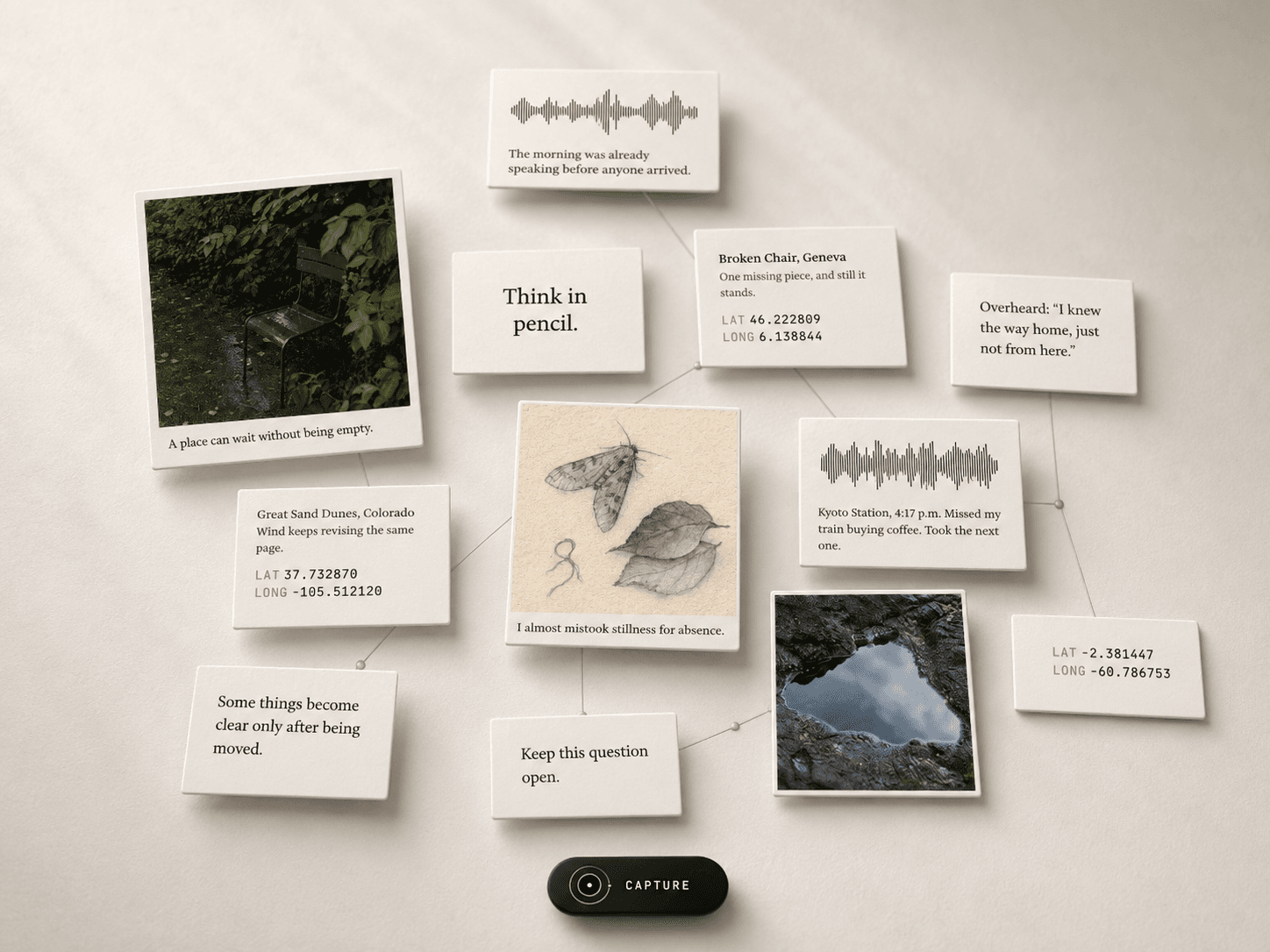 An ivory between field with connected cards containing photographs, notes, audio waveforms, drawings, and locations.
