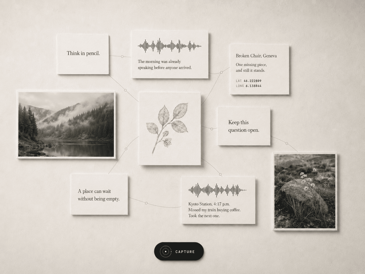 An ivory between field with connected cards containing photographs, notes, audio waveforms, drawings, and locations.